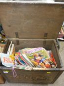 Brass coal box with hunting scenes decoration having miscellaneous contents