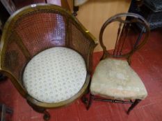 Bergere tub chair and a vintage bedroom chair with triple spindle circular back and one other