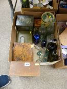 Vintage soda and similar bottles, treen boxes, vintage tin boxes