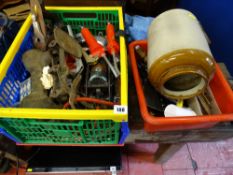 Plastic crate containing vintage Dunlop Champion footpump, scales, Record woodwork plane, various