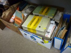 Two boxes and a pine filing box containing books, ephemera, office equipment, theatre related