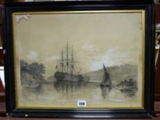 R KELLS print - moored boats on the shoreline, 34 x 45 cms