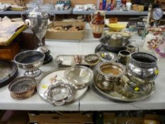 Large parcel of electroplate, pewter, silver pin dish, wine coasters etc