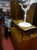 Mid Century coffee table with lower rack base, small white occasional table on tripod supports and a