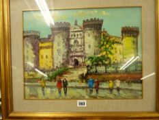 STENI oil on board behind glass - painting of figures in front of Tower of London?, 30 x 40 cms