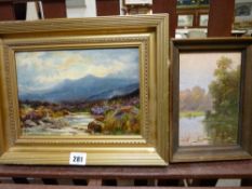 Oil on board - Yorkshire Moors? scene, initialled 'M H?', 17 x 24 cms and an oil on board - lilies