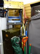 Draper workbench, one other, metal stepladders and a parcel of long handled garden tools etc