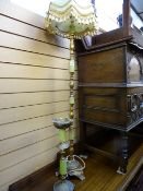 Faux onyx and brass standard lamp and shade along with a brass smoker's companion E/T