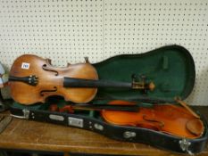 Two vintage violins, one in a hard case