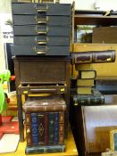 Polished wood work cabinet, set of five filing drawers and a modern occasional table in the shape of