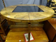 Excellent rustic circular coffee table with smoked glass insert
