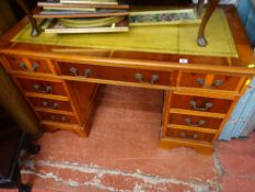 Reproduction yew twin pedestal desk with tooled leather top