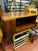 Danish dark wood entertainment unit and metal framed multi-shelf smoke glass trolley