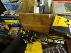 Wooden box of Powercraft grinder, Black & Decker jigsaw, file set, boxed clamp set, wooden drawer