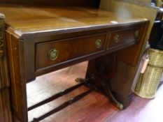 Inlaid sofa table with turned cross stretcher and lyre ends