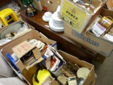 Several boxes of mixed glassware, porcelain, household items, mottled glass lampshade etc
