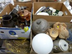 Large brass charger and a box containing good metalware, graduated copper pans, excellent beaten