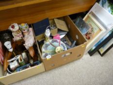 Two boxes of mixed household and ornamental items including treen wall shelf, parcel of paintings