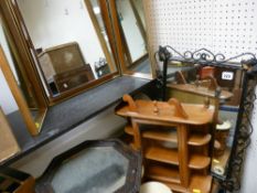 Triple dressing table mirror, hanging display shelf and a parcel of decorative mirrors