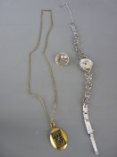 White metal and stone lady's cocktail watch, yellow metal brooch and chain in a jewellery box