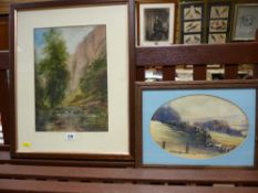 K WOOD watercolour, oval format - possibly Yorkshire scene, 20 x 30 cms and JOHN THORLEY?