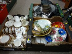 Parcel of mixed teaware, commemorative ware, a box of other porcelain, brassware, prints including a