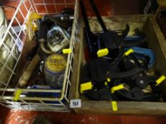 Box of various metal and plastic clamps along with a basket of hand tools including bit and brace