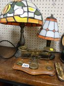 Set of vintage chemist's scales, Tiffany style lamps and old spectacles