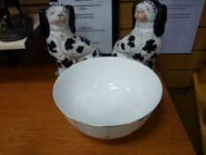Pair of black and white Staffs dogs and a Wedgwood satin pedestal bowl