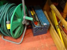 Large garden hose reel, metal cantilever toolbox with contents and a wooden tool carry etc