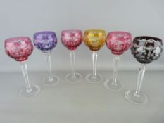 Set of six harlequin hock glasses