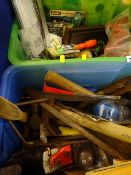 Two plastic tubs containing various hand tools, hammers, screwdrivers, Stanley planes etc