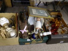 Three boxes of mixed porcelain, ornamental items, table lamps, glassware