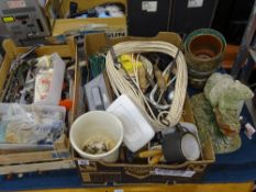 Quantity of garage items in two boxes and a garden squirrel ornament etc