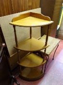 Light wood four shelf corner whatnot, weave top occasional table and a polished wood easel