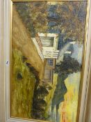 Unsigned oil on board - country house with sun setting over the sea in the background, 45 x 75 cms