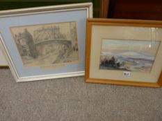 Watercolour - snow covered mountains and river scene, initialled 'R H', 16 x 24 cms and a pencil