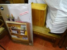 Boxed modern three shelf flatpacked bookshelf, pine storage bin and square occasional table