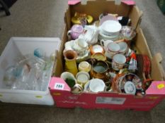 Tub of delicate drinking glassware and a box of mixed porcelain including teasets, cabinet china
