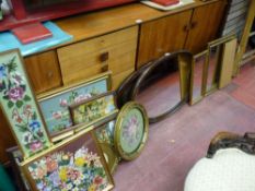 Quantity of wall mirrors, framed woolwork pictures etc