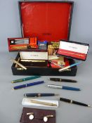 Parcel of pens including Parker, Rowenta cased trio, all in a stationery box