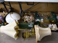 Three boxes of mixed porcelain and glassware and a quantity of table lamps