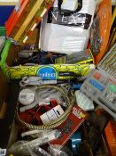 Two boxes of garage items including bench vice, fixings, boxed Bosch electric screwdriver, cased