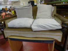 Fawn upholstered vintage wooden framed compact sofa