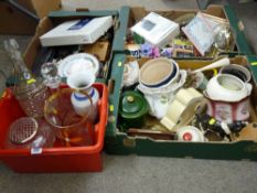 Two boxes and a tub of porcelain and mixed household items