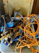 Metal galvanized wheelbarrow and contents of hoses, extension leads etc