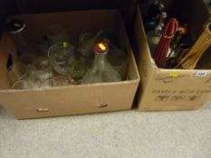 Two boxes of mixed glassware, vintage soda syphons, wine bottles etc