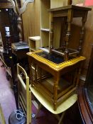 Light wood occasional table, nest of three tables with glass inserts, CD storage rack, folding chair