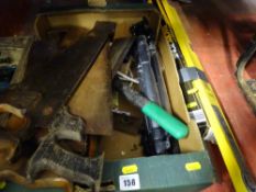 Box of vintage hand saws, shears, block plane and quantity of spirit levels and gauges etc