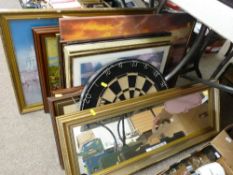 Parcel of assorted paintings, mirrors, dartboard etc